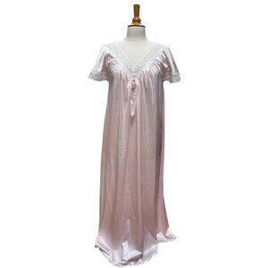 Vintage 60s Shadowline Pastel Pink Nylon and Lace Floor Length Nightgown